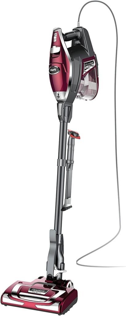 Shark HV322 Rocket Deluxe Pro Corded Stick Vacuum with LED Headlights, XL Dust Cup, Lightweight, Perfect for Pet Hair Pickup, Converts to a Hand Vacuum, with Pet Attachments, Bordeaux/Silver